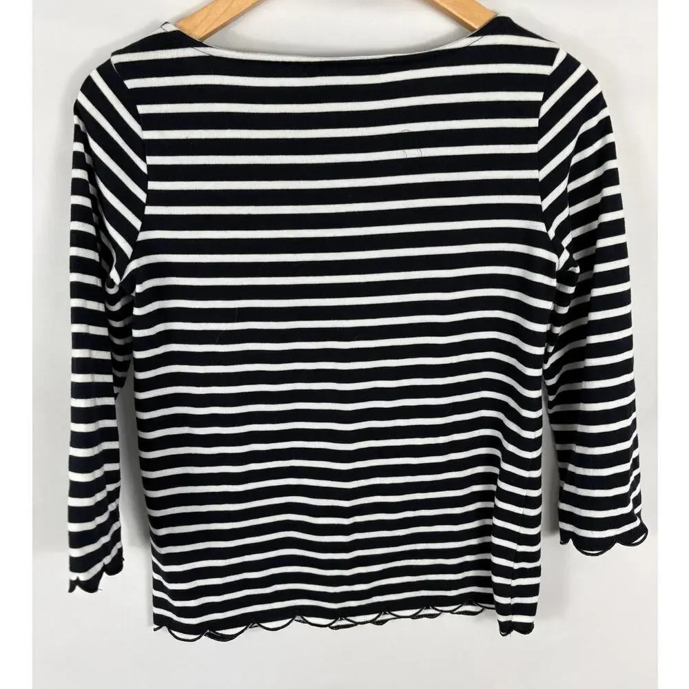 Market & Spruce Scallop Edge Black White Stripe Top Size Small